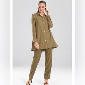 Natori Green Sanded Twill Long Sleeve Button Front Tunic Size S